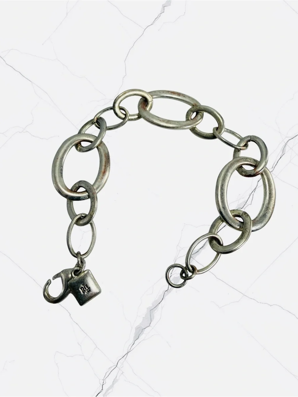 Vintage Ralph Lauren Silver Tone Oval Link Bracelet Chunky Chain Statement 7”